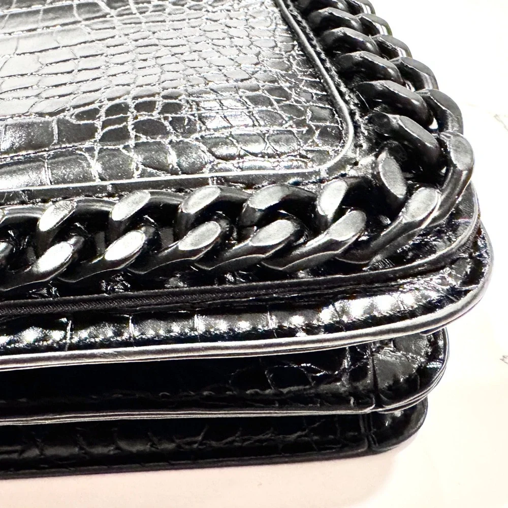 Aldo Black Crocodile Embossed Black Metal Chain Crossbody Bag and Handbag NWOT - Picture 9 of 11